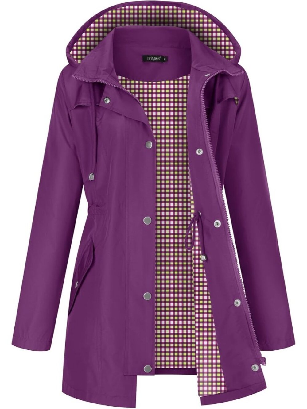 Women's Purple Hooded Plaid Lined Hiking Waterproof Windbreaker Trench Coat